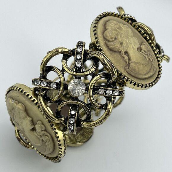 Antique Gold Tone Cameo Rhinestone Stretch Bracelet Vintage Look Victorian - Picture 3 of 6